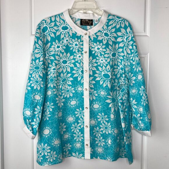 Bob Mackie NWT Wms Wearable Art Linen Blend Floral Turquoise Top Size XL Sequins - Picture 12 of 12